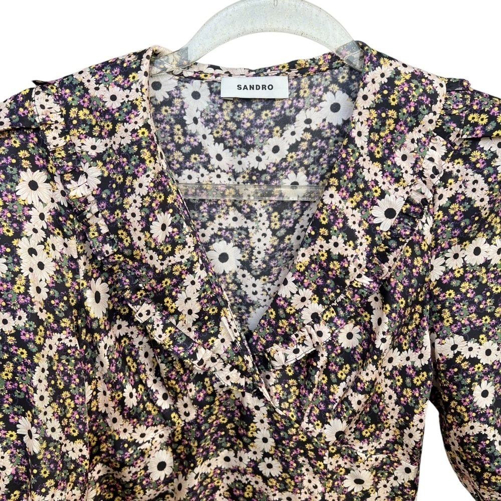 Sandro Casablanca Puff Sleeve 100% Silk Mini Dress Daisy Chain Paisley XS NWT - Picture 6 of 15